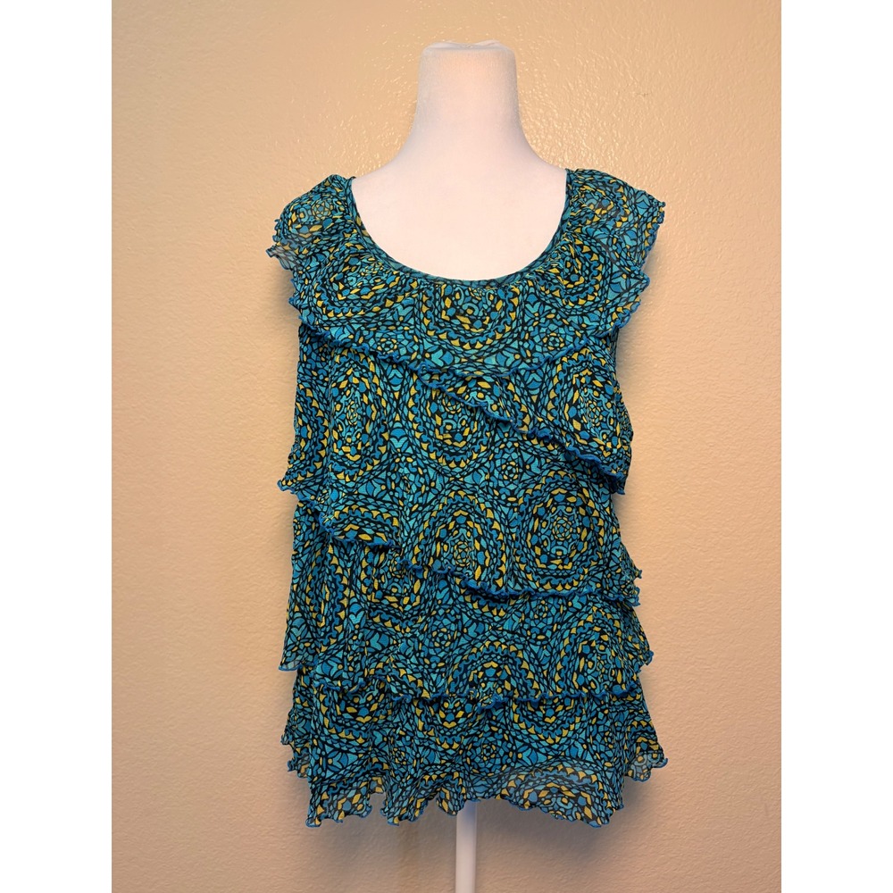 Apt. 9 Womens Turquoise Blue Geometric Mosaic Print Tiered Ruffle Blouse #11